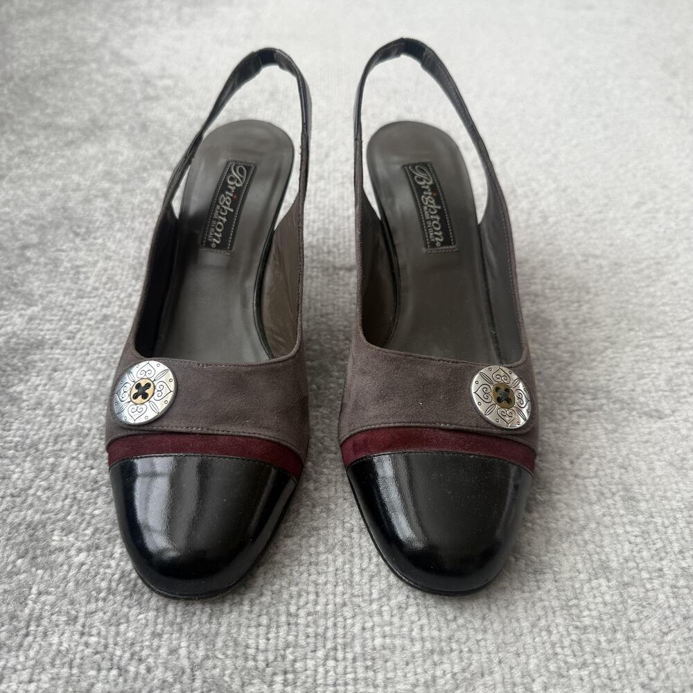 Brighton Shoes Womens Size 7.5 Leather Suede Slingback Heels Made in Italy - Picture 2 of 14